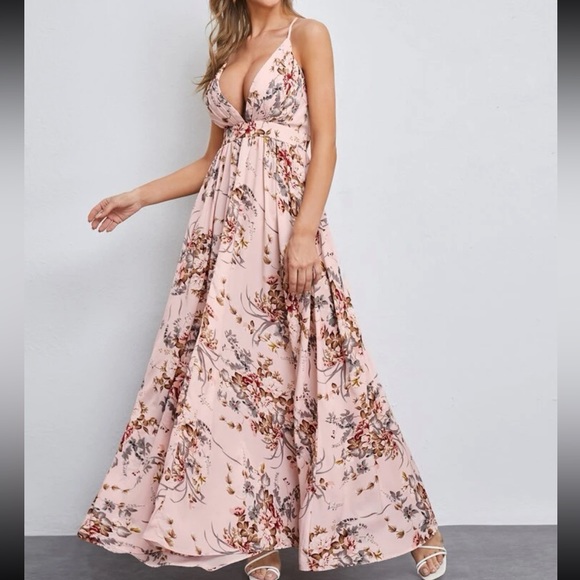 Dresses & Skirts - Boho Floral Print Deep Neck Backless Open Back Cami Maxi Dress